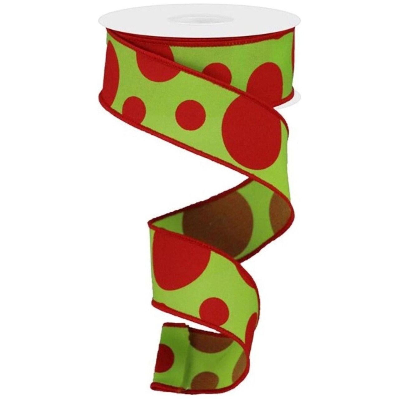 1.5" Giant Three Size Polka Dot Ribbon: Lime Green & Red (10 Yards)